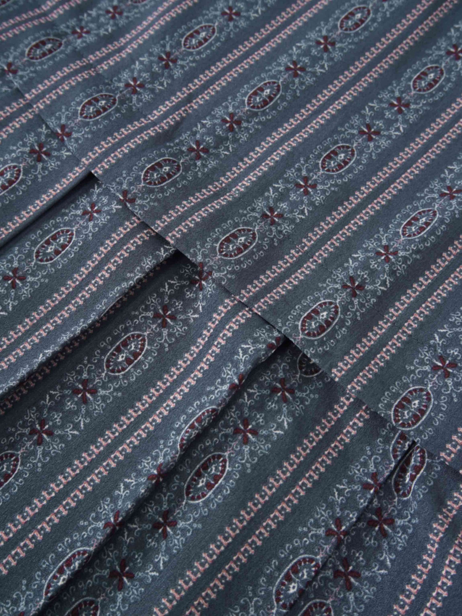 Pleat Bottom Flower Print Skirt-Blue Striped Medallion