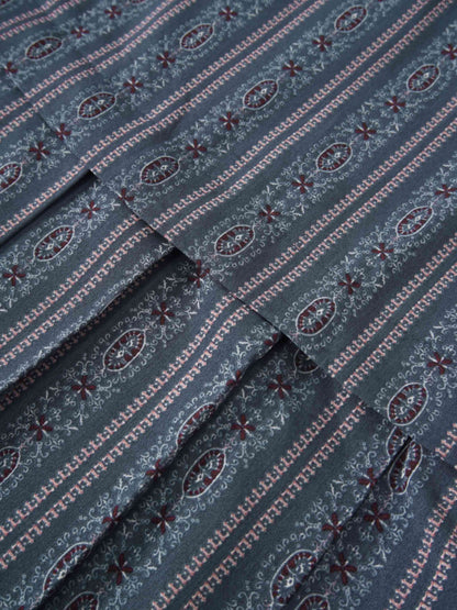 Pleat Bottom Flower Print Skirt-Blue Striped Medallion