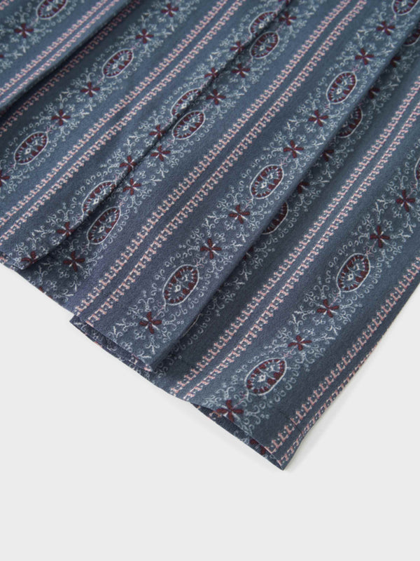 Pleat Bottom Flower Print Skirt-Blue Striped Medallion