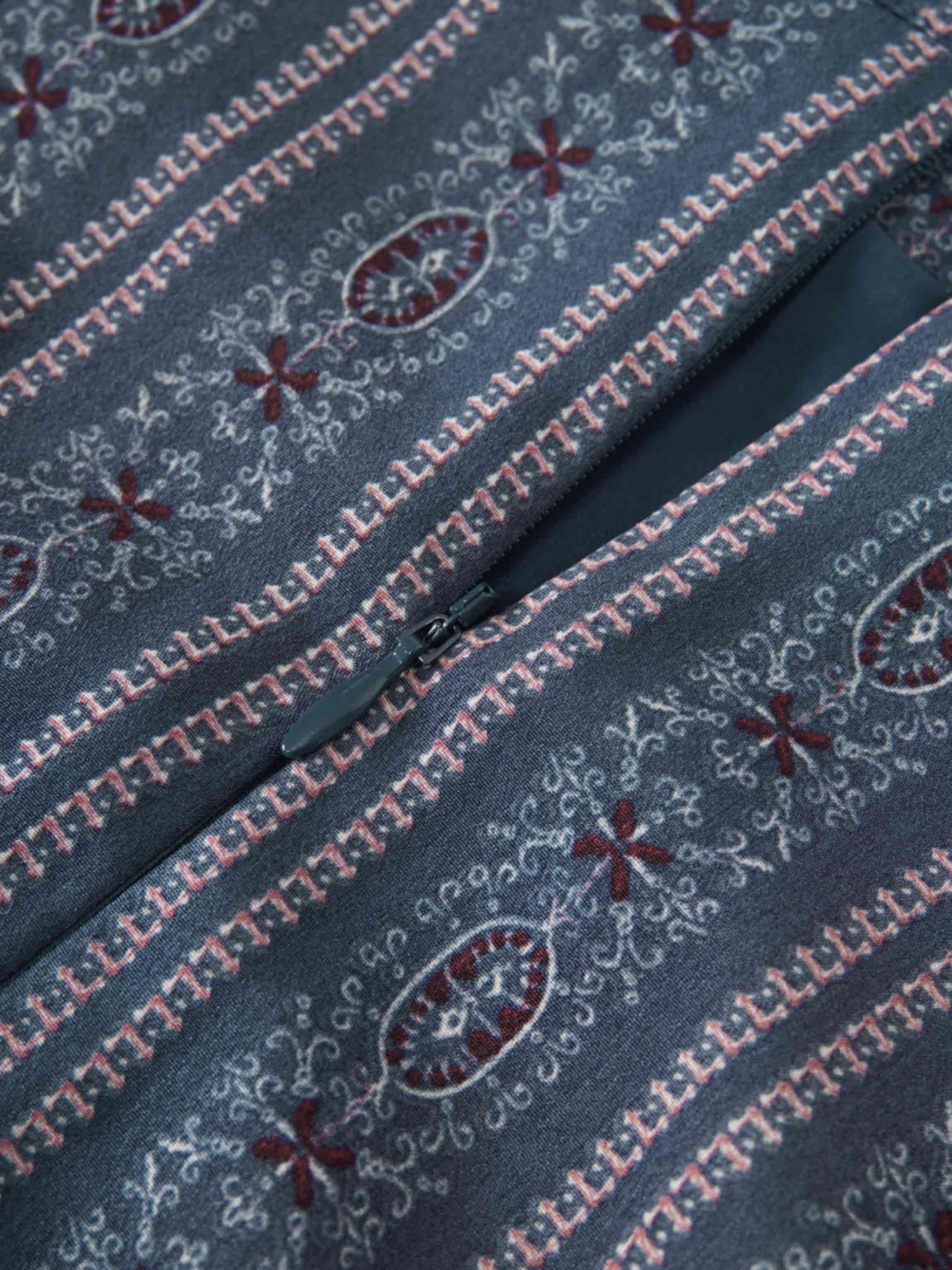 Pleat Bottom Flower Print Skirt-Blue Striped Medallion