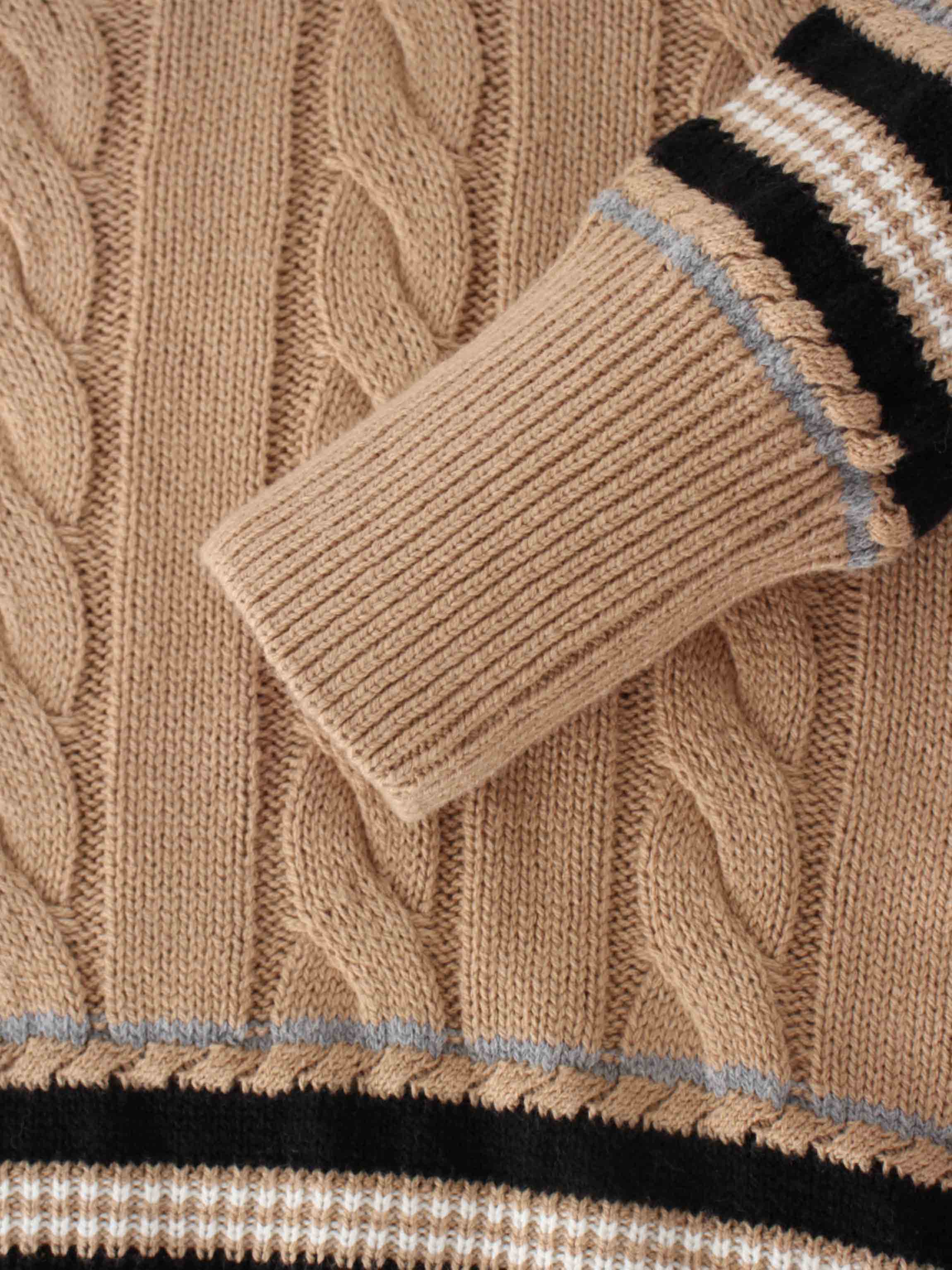 V-Neck Cable Sweater-Tan/Grey