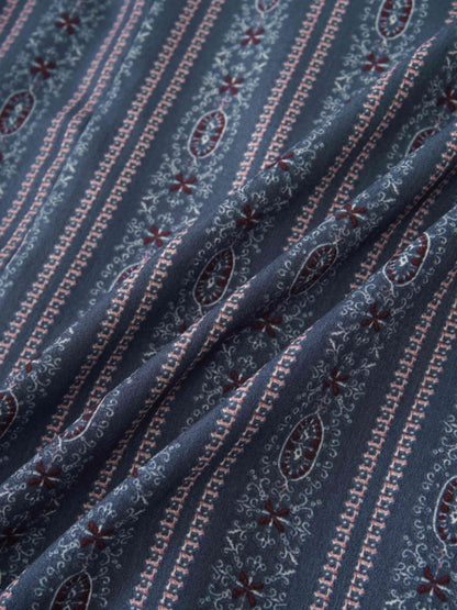 Pleat Bottom Flower Print Skirt-Blue Striped Medallion