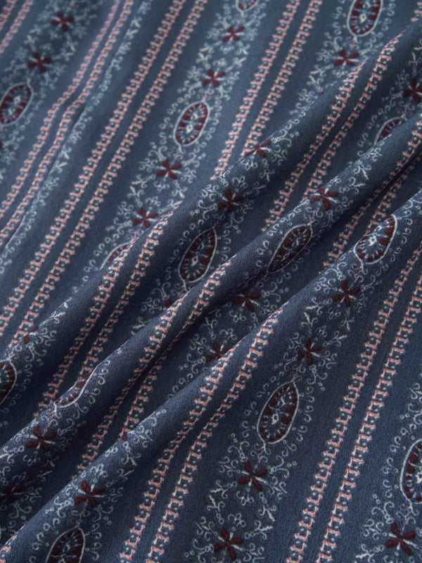 Pleat Bottom Flower Print Skirt-Blue Striped Medallion