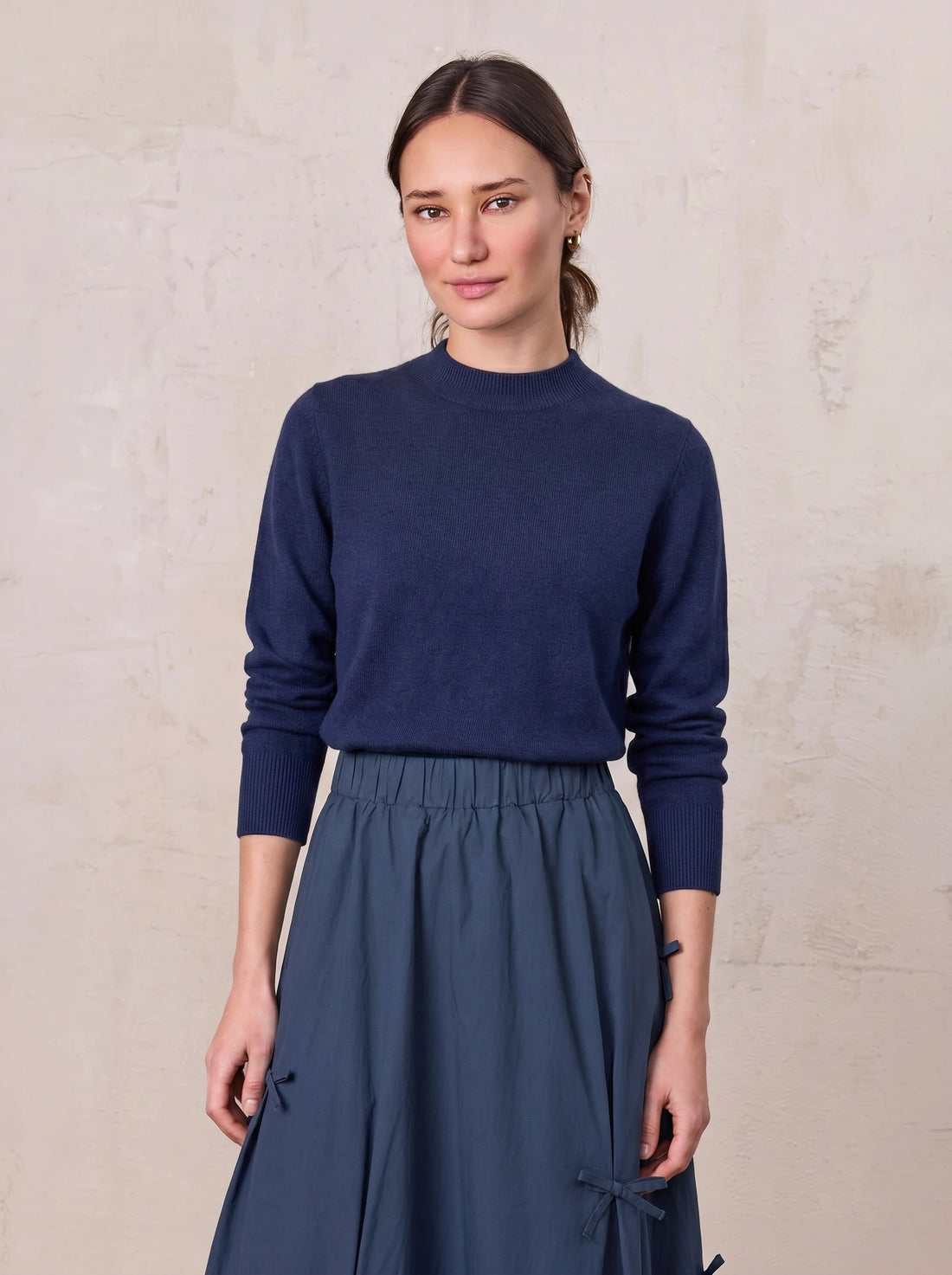 High Cuff Crew Sweater-Navy