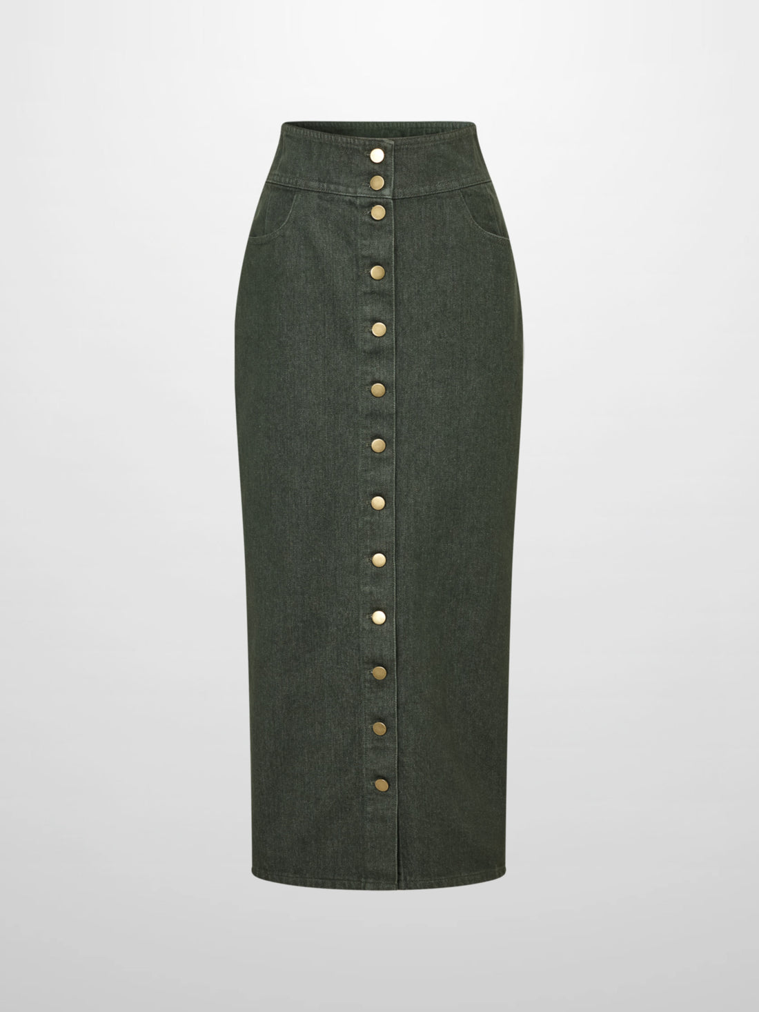 Button Down Straight Denim Skirt - Olive