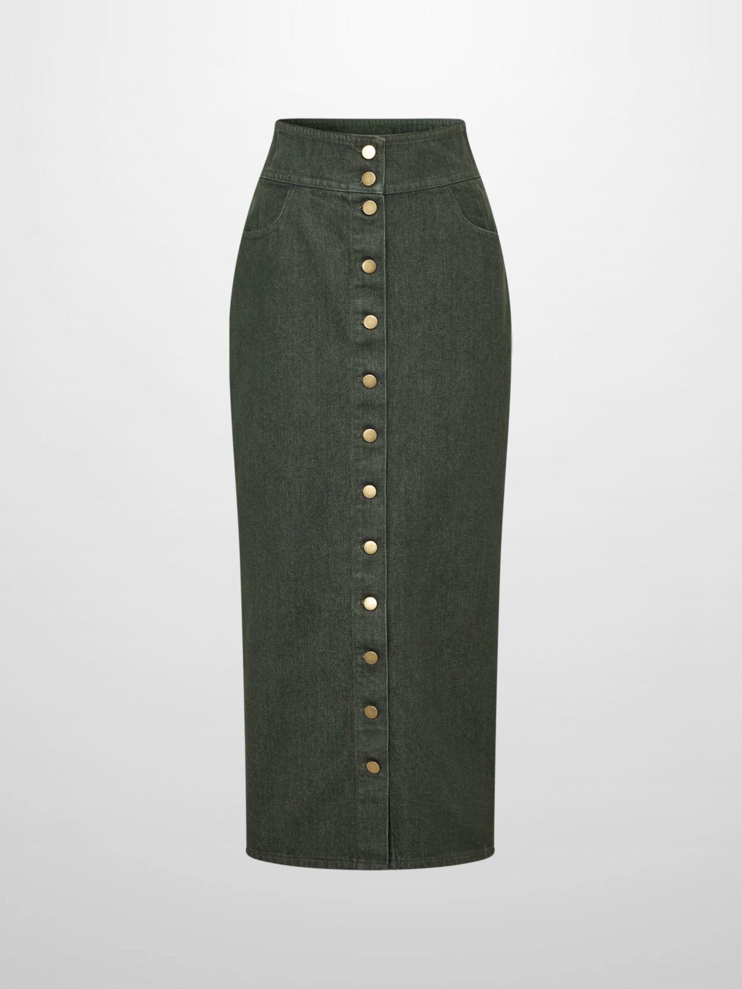 Button Down Straight Denim Skirt - Olive