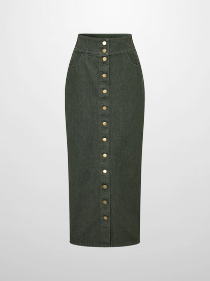 Button Down Straight Denim Skirt - Olive