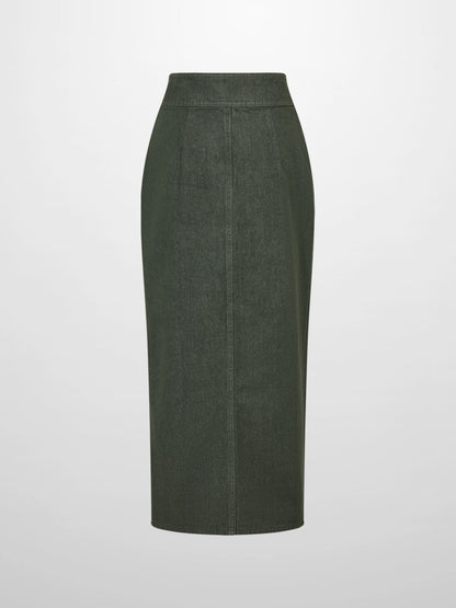 Button Down Straight Denim Skirt - Olive