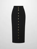 Button Down Straight Denim Skirt - Black