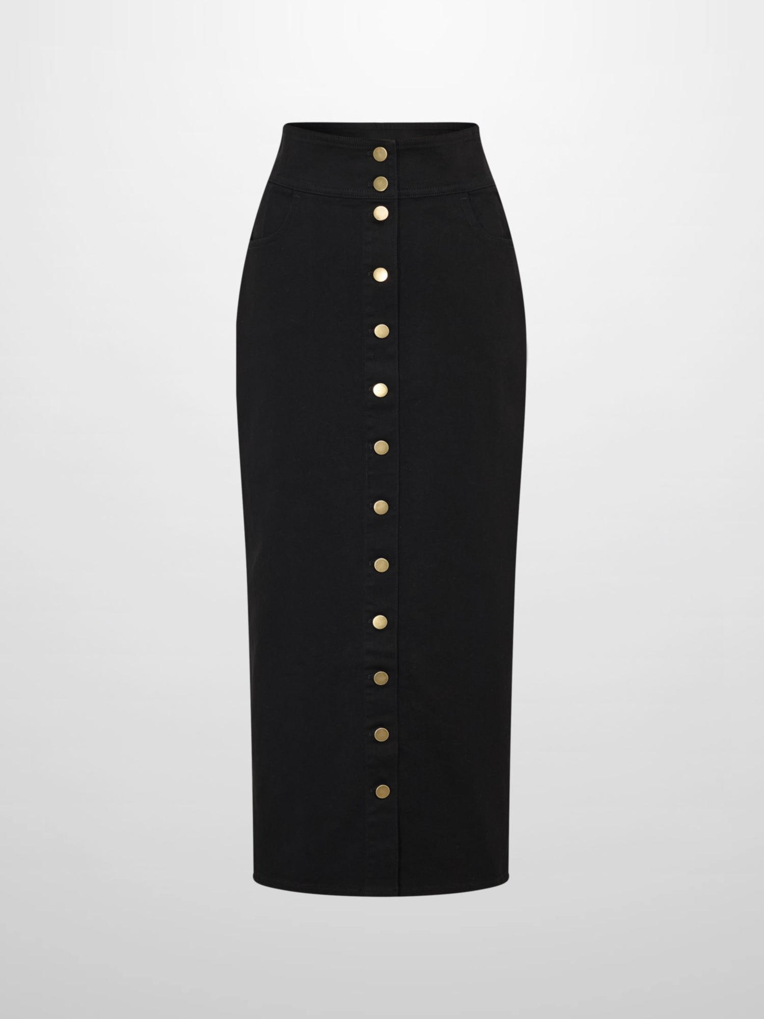 Button Down Straight Denim Skirt - Black