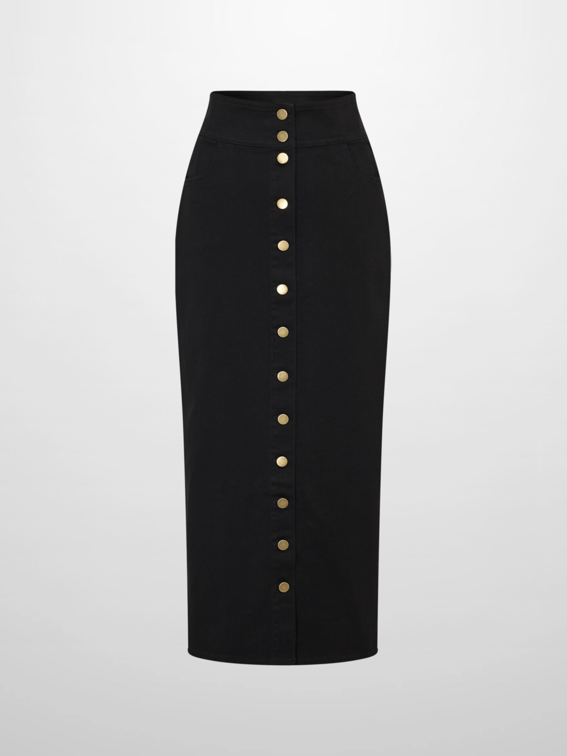 Button Down Straight Denim Skirt - Black