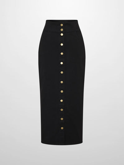 Button Down Straight Denim Skirt - Black