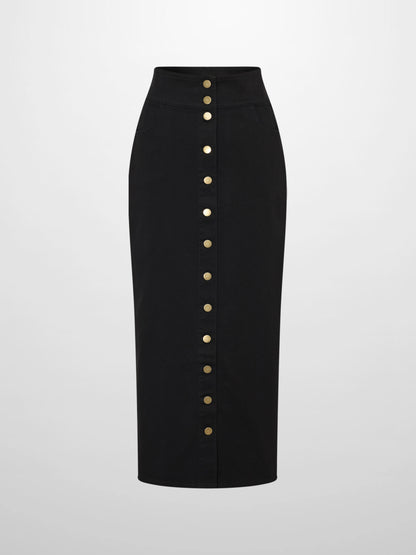 Button Down Straight Denim Skirt - Black