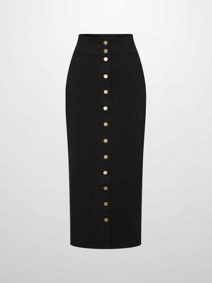 Button Down Straight Denim Skirt - Black