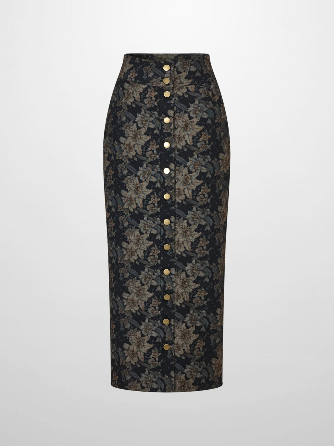 Button Down Straight Denim Skirt - Floral