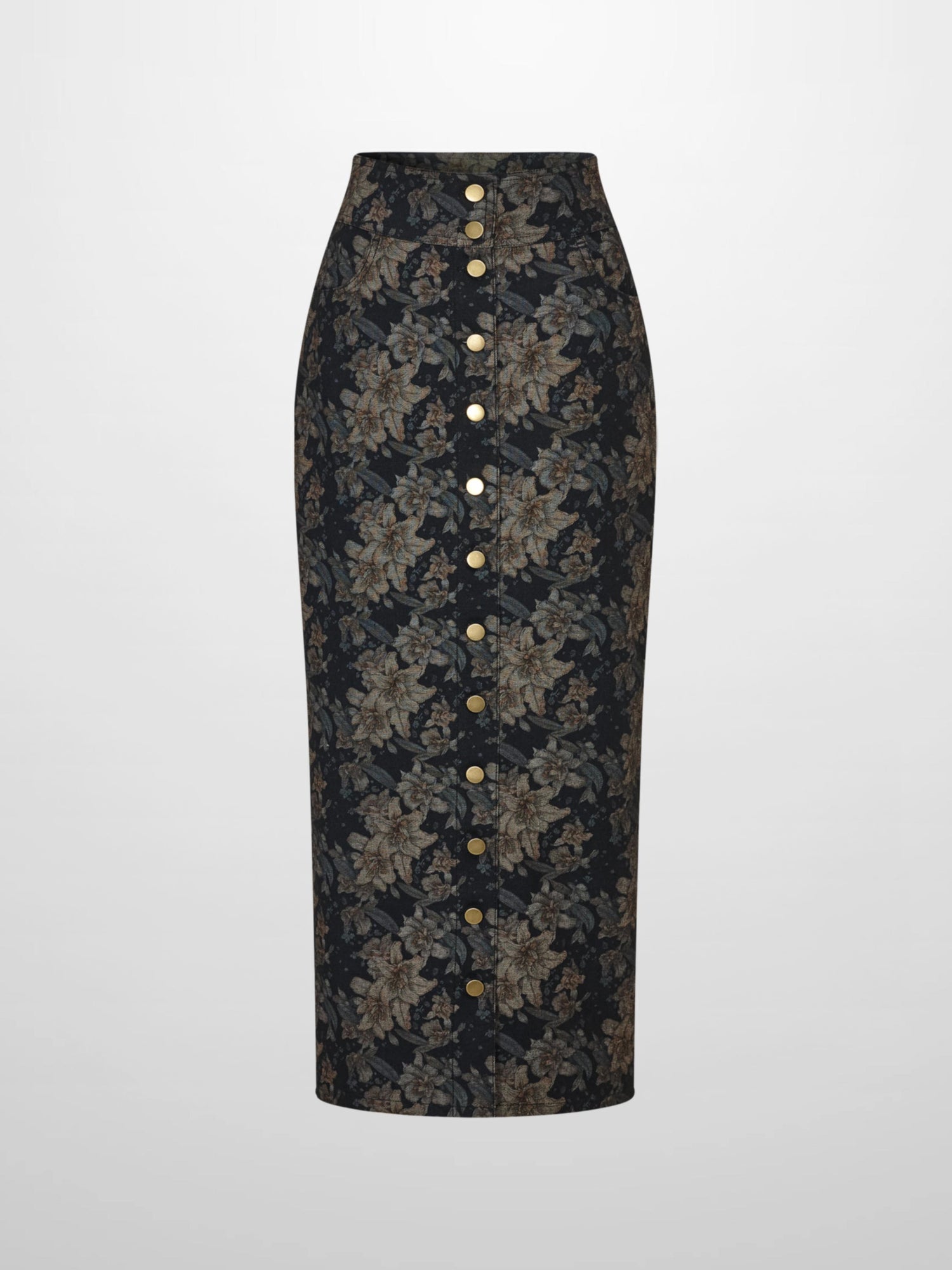 Button Down Straight Denim Skirt - Floral