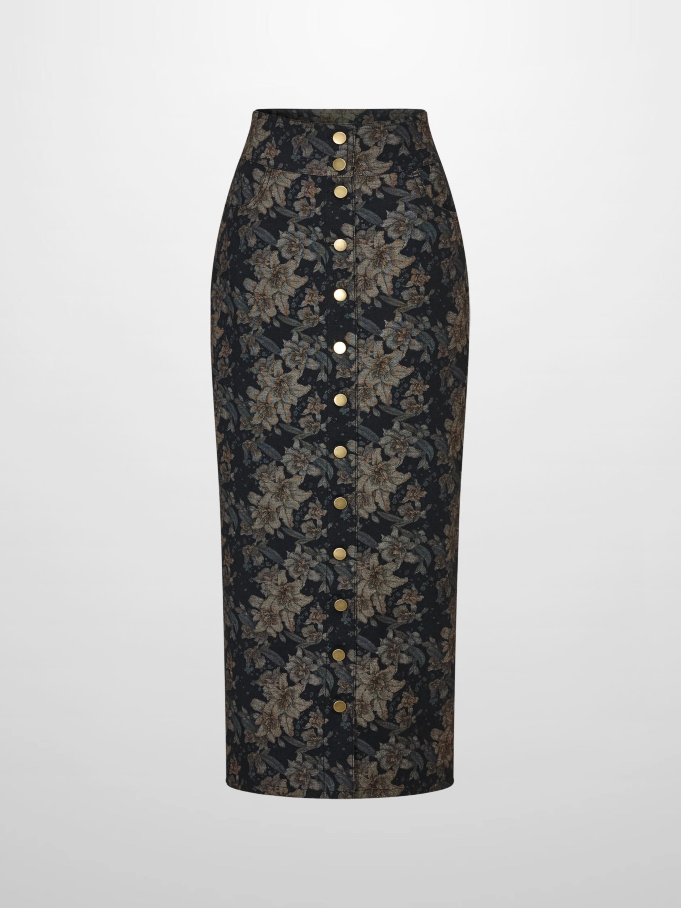 Button Down Straight Denim Skirt - Floral