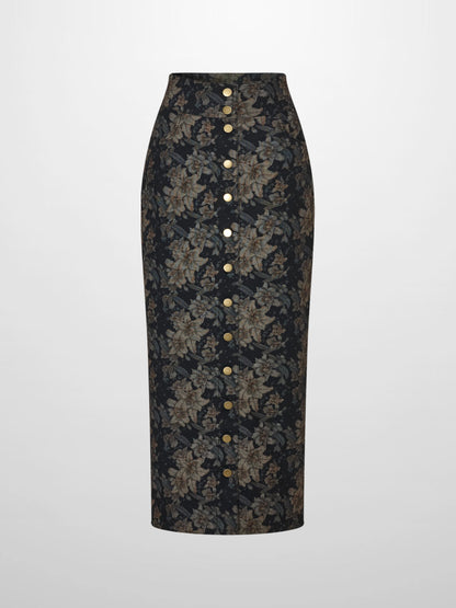 Button Down Straight Denim Skirt - Floral