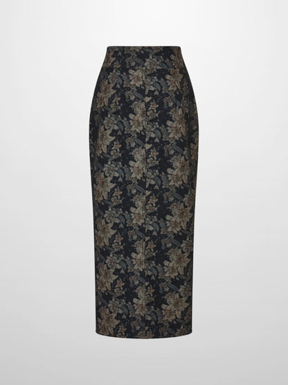 Button Down Straight Denim Skirt - Floral