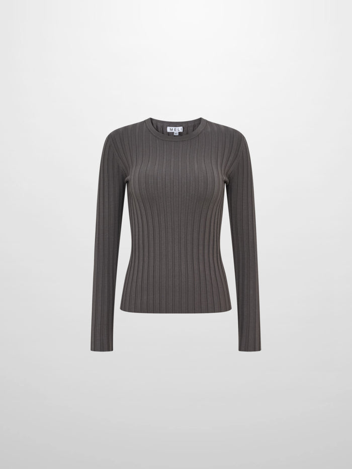 Ribbed Crew Neck Sweater - Grey