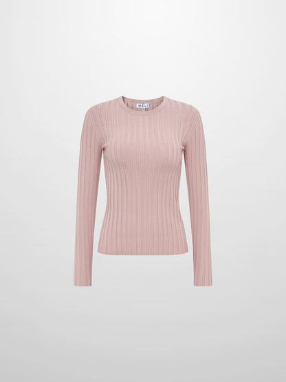 Ribbed Crew Neck Sweater - Pink