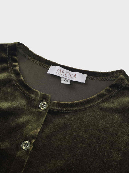 Velour Button Down Crew Cardigan-Green