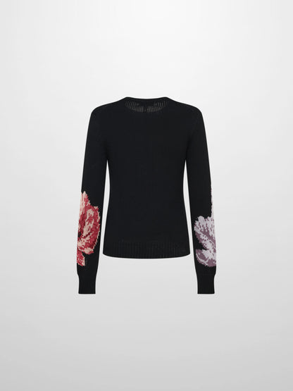 Loose Knit Flower Sweater - Black/Pink