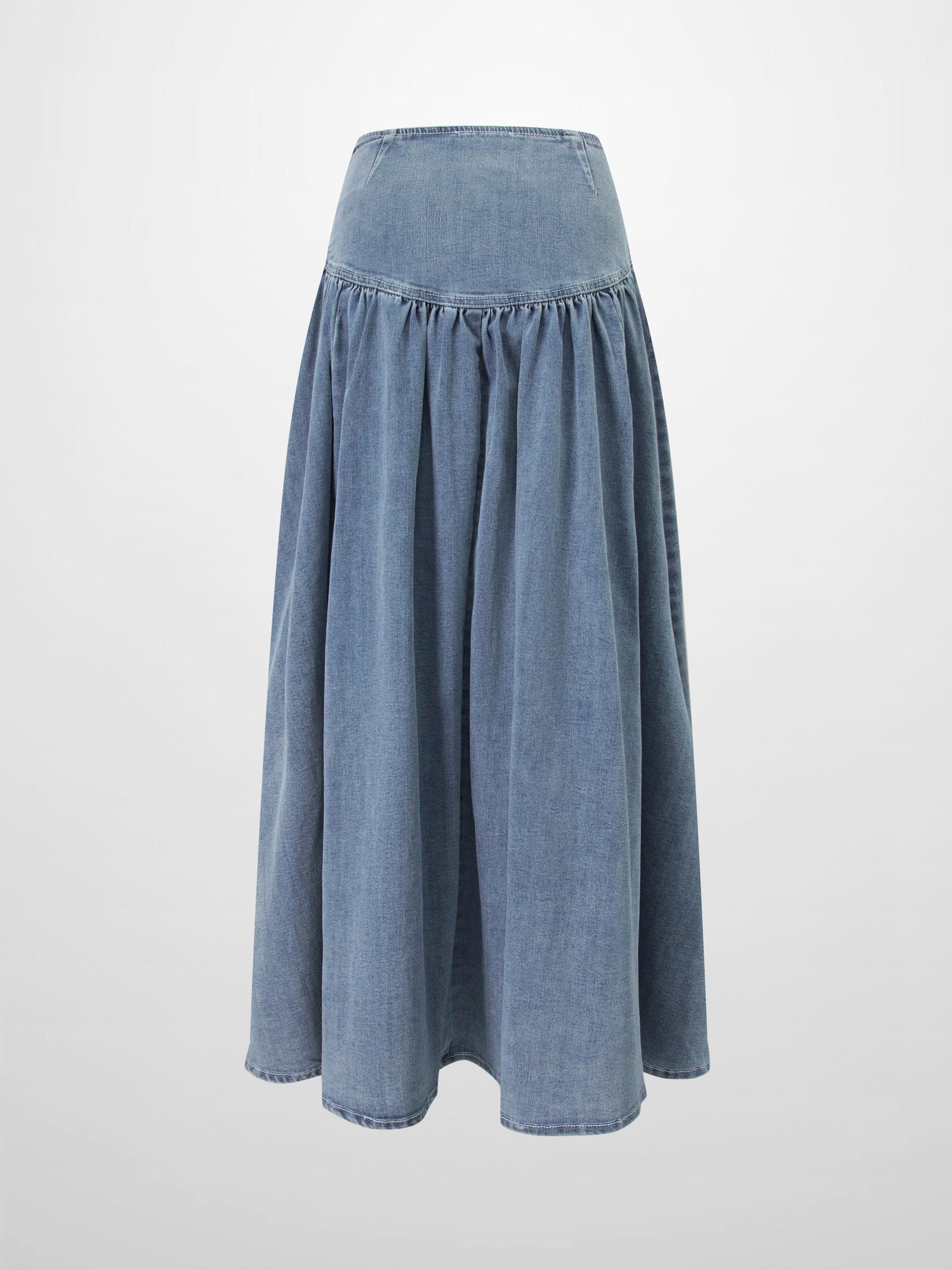 Washed Curved Yoke Denim Skirt-Light Blue