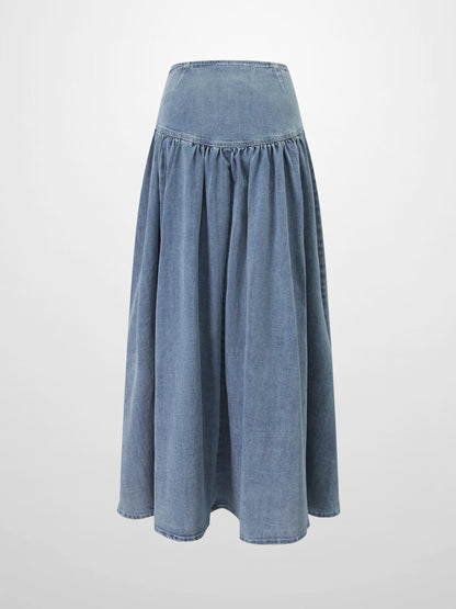 Washed Curved Yoke Denim Skirt-Light Blue