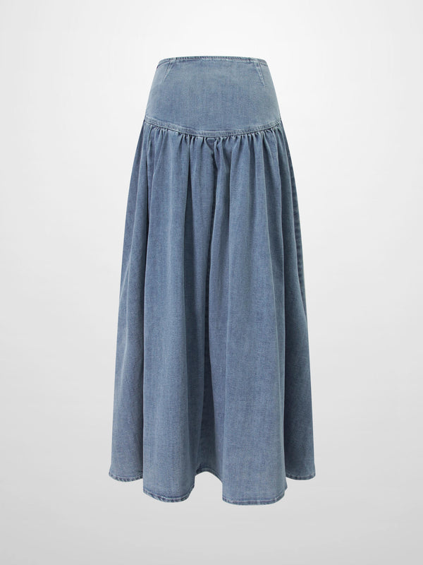 Washed Curved Yoke Denim Skirt-Light Blue