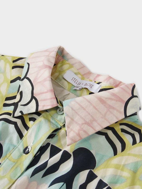 Printed Cotton Belted Shirtdress-Pastel Cloud