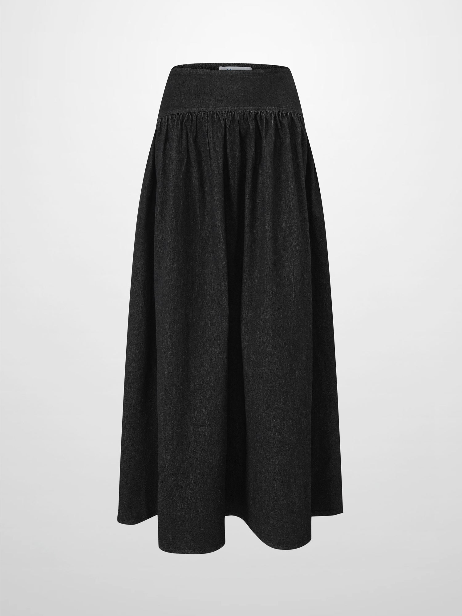 Washed Curved Yoke Denim Skirt-Black