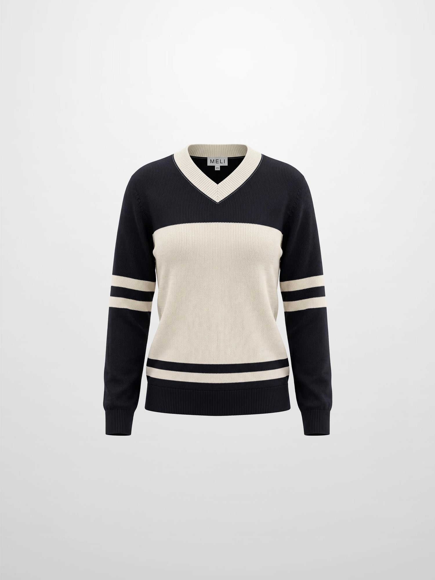 V Neck Wide Stripe Sweater - Navy/Cream