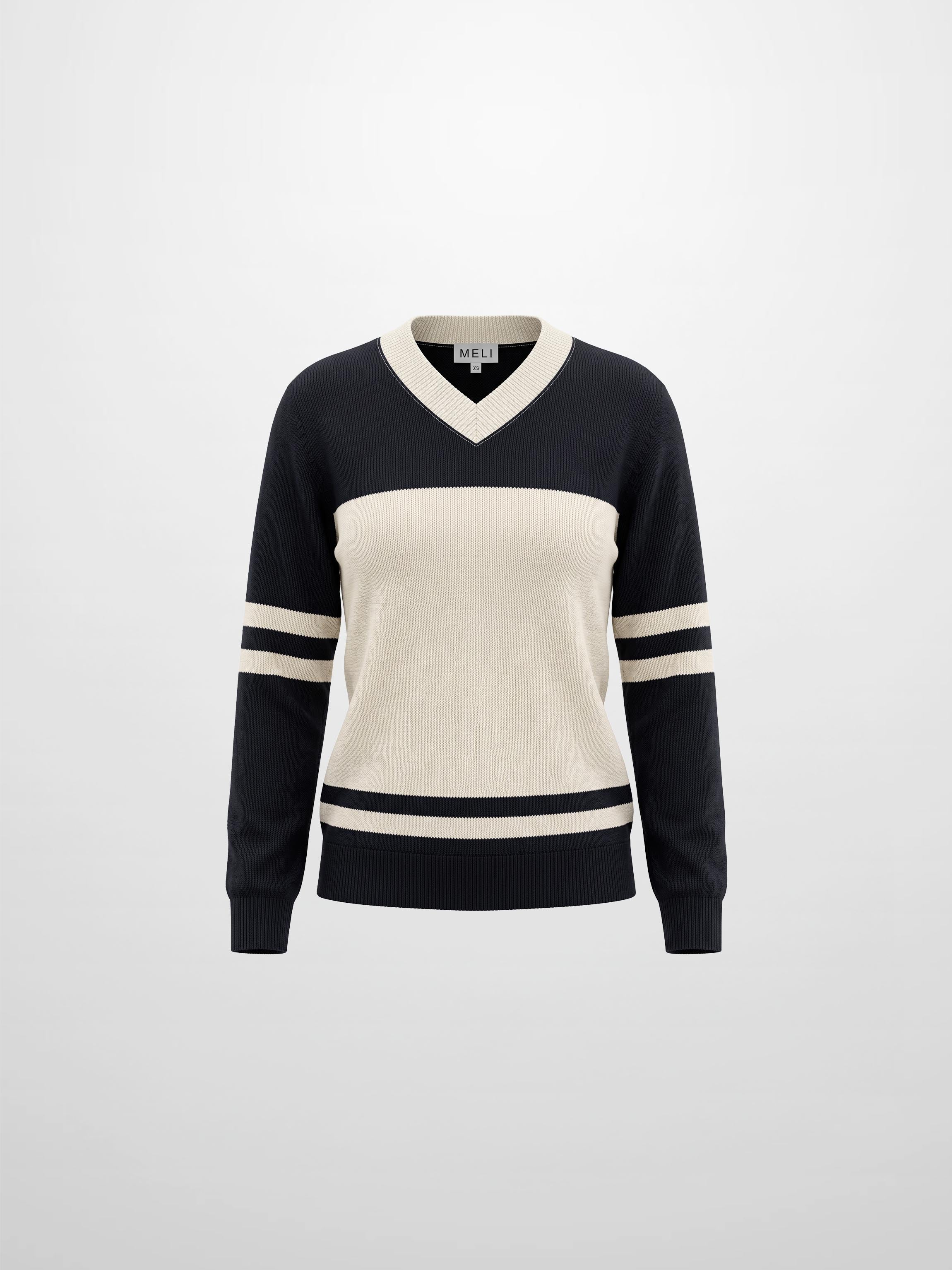 V Neck Wide Stripe Sweater - Navy/Cream