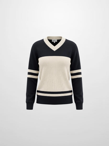 V Neck Wide Stripe Sweater - Navy/Cream