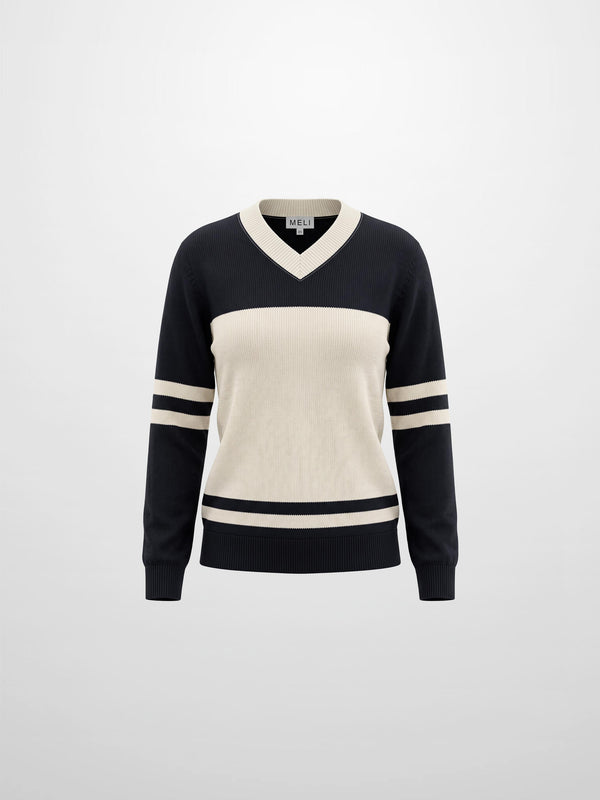 V Neck Wide Stripe Sweater - Navy/Cream