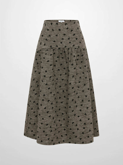 Curved Yoke Gathered Skirt - Embroidered Hearts