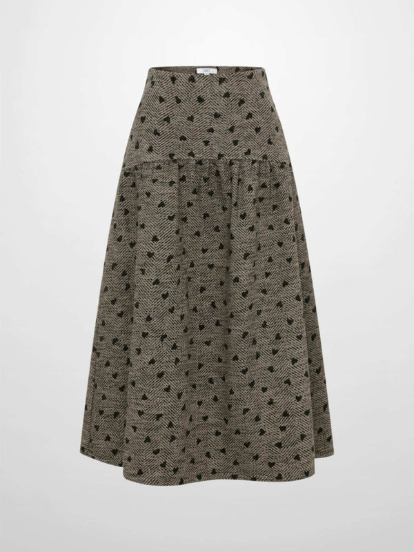 Curved Yoke Gathered Skirt - Embroidered Hearts