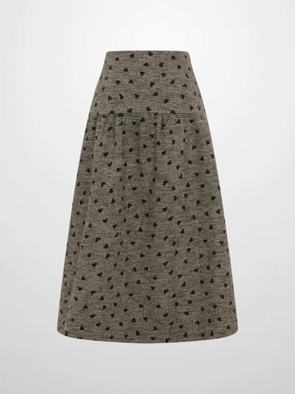 Curved Yoke Gathered Skirt - Embroidered Hearts