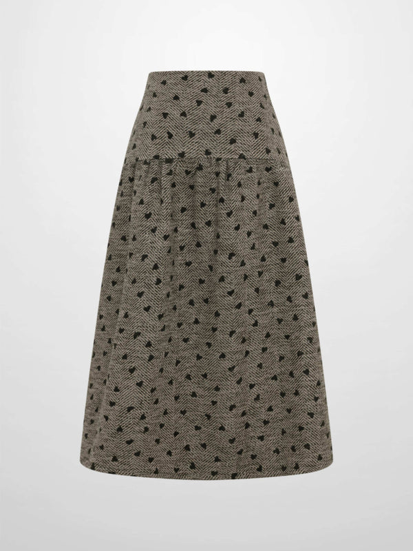 Curved Yoke Gathered Skirt - Embroidered Hearts