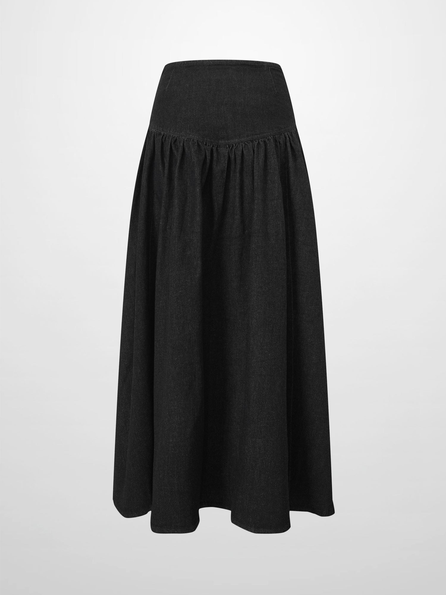 Washed Curved Yoke Denim Skirt-Black