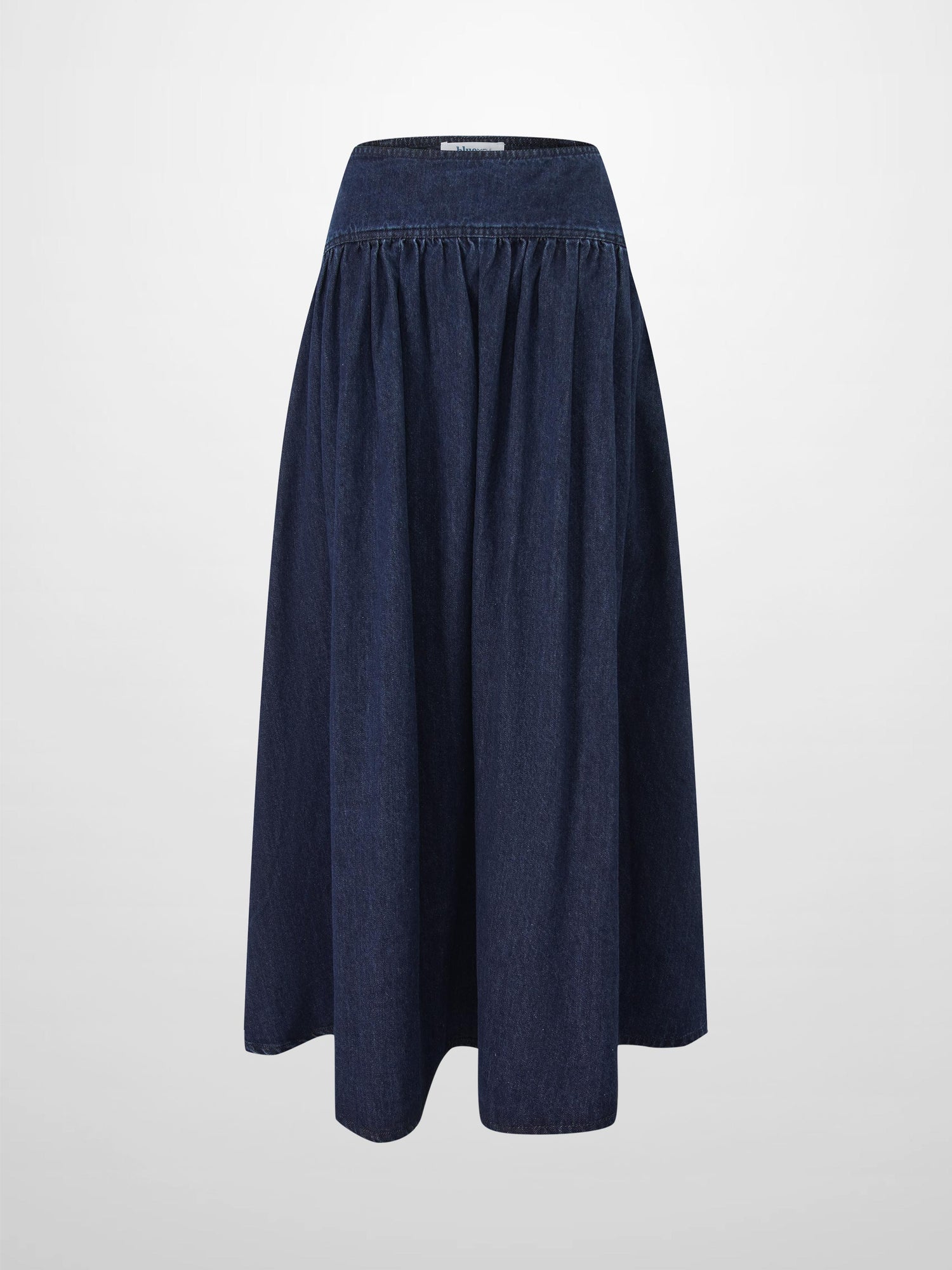 Washed Curved Yoke Denim Skirt-Dark Blue