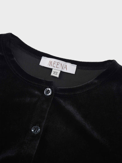 Velour Button Down Crew Cardigan-Black