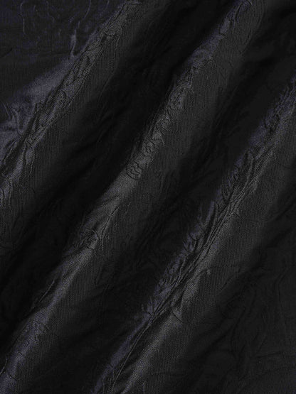 Pleated Waistband Brocade Full Skirt-Black