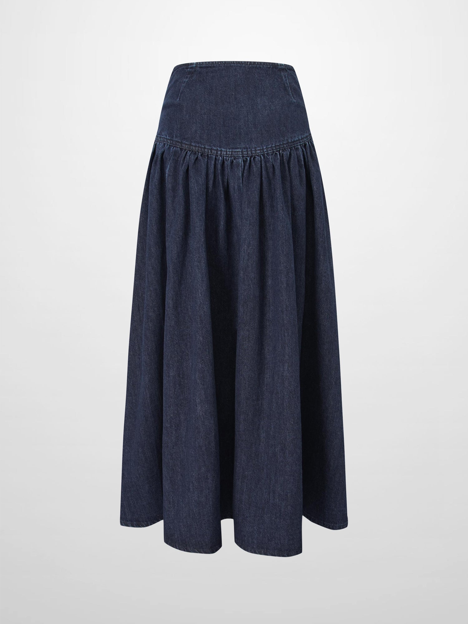 Washed Curved Yoke Denim Skirt-Dark Blue