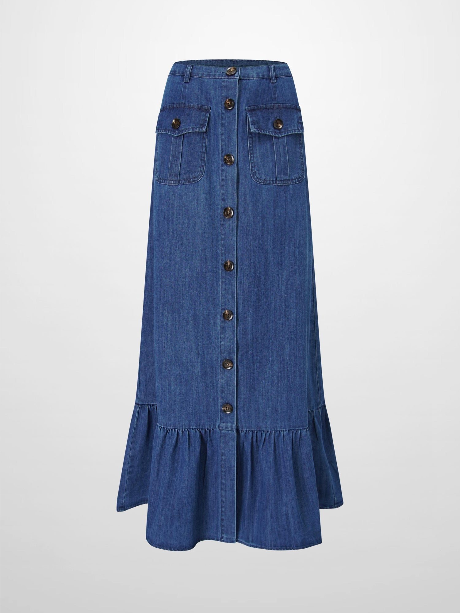 Bottom Ruffle Button Down Denim Skirt-Blue