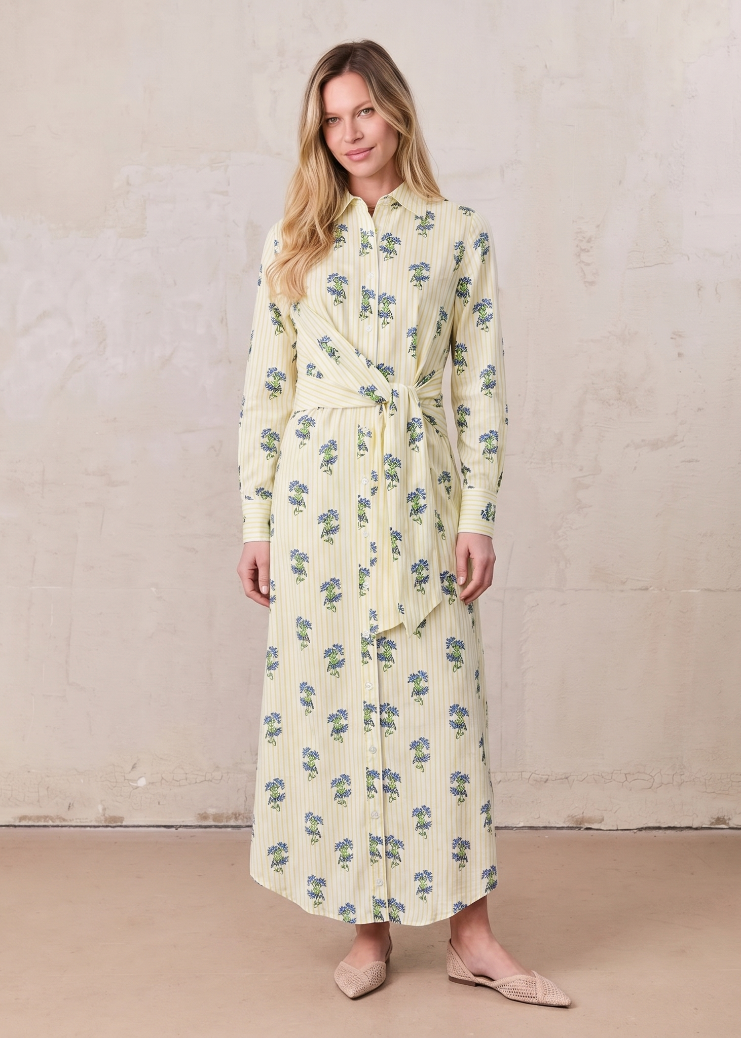 Side Tie Shirtdress-Floral Stripe