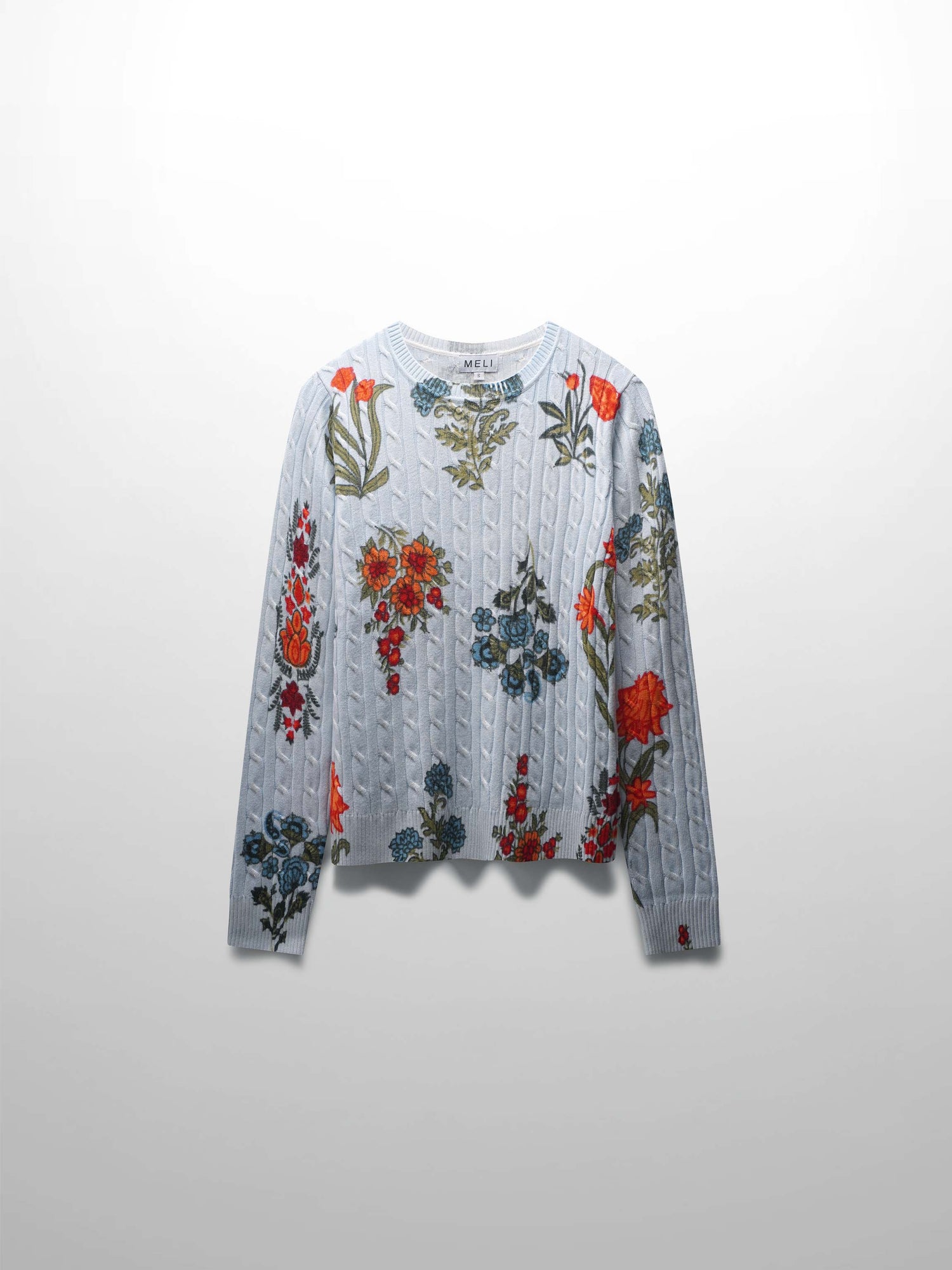 Printed Cable Knit Sweater-Light Blue Floral