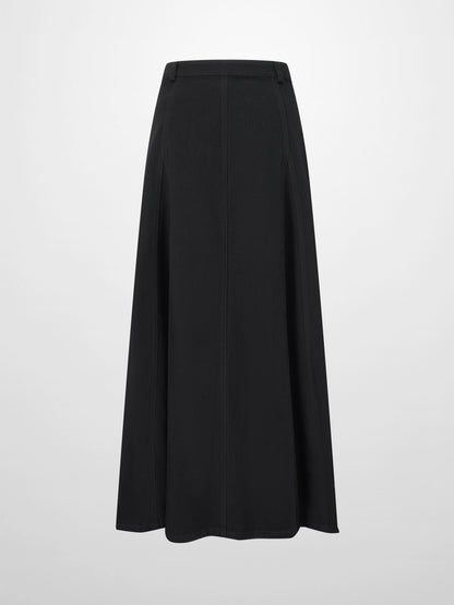 Seamed Full Denim Skirt-Black