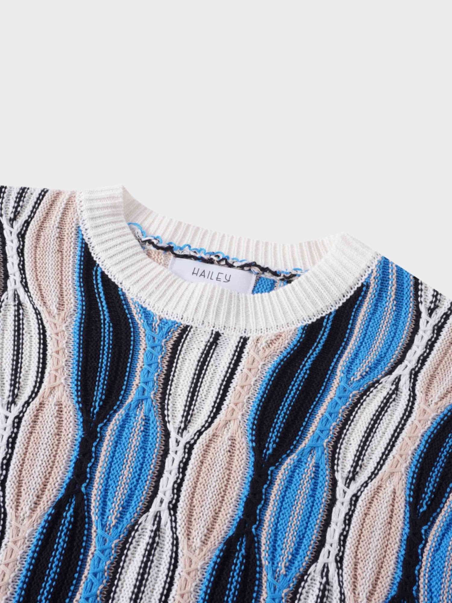 Wave Design Crew Neck Sweater-Tan/Blue